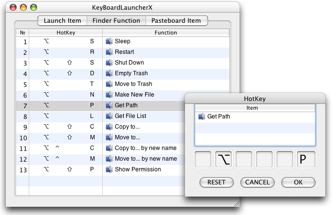 select the row of Finder Function table for resetting its HotKey